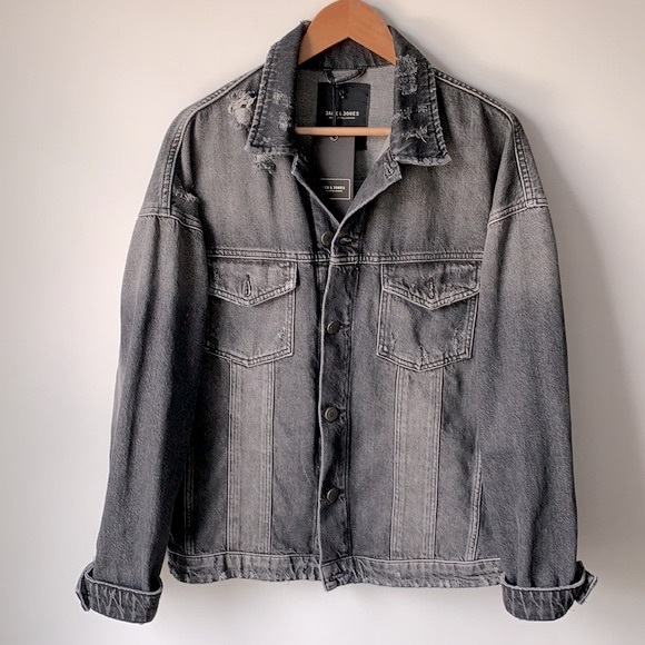 JACK & JONES | Acid Wash Distressed Denim Jean Jacket Coat - Picture 3 of 7